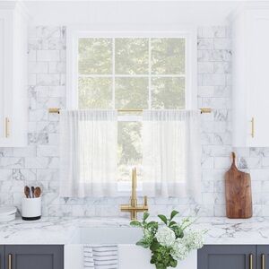 (2) Slub Textured Linen Blend Cafe Curtain White Set 56x24” Cottage Rod Pocket